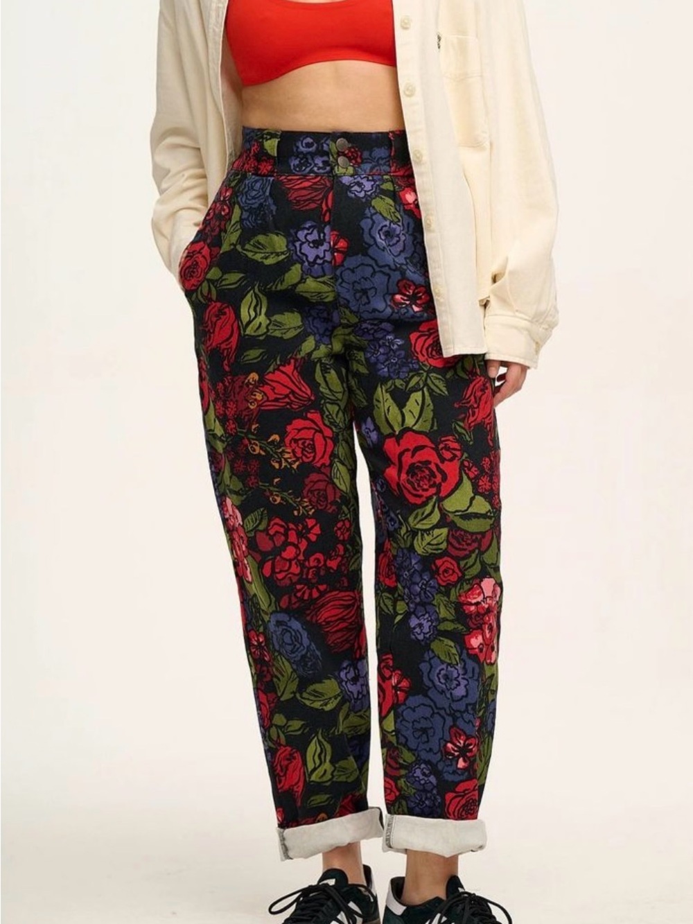 Lucy & Yak Black Addison Trousers with Red, Green & Blue Floral Print